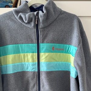 Cotopaxi men’s  Gray Jacket with Aqua and Lime Stripes
